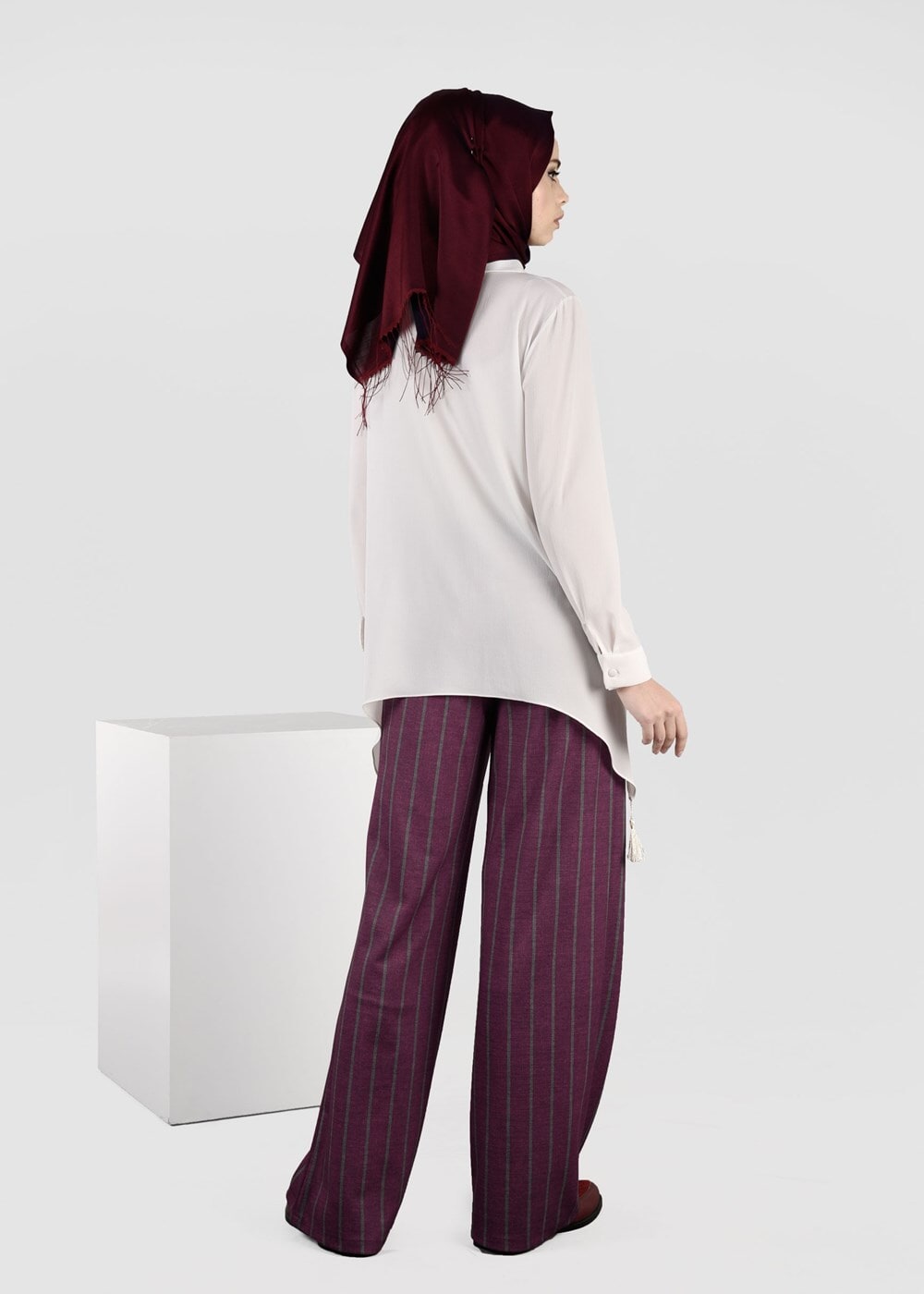 Tesettür giyim BORDO ÇİZGİLİ SALAŞ PANTOLON 7034