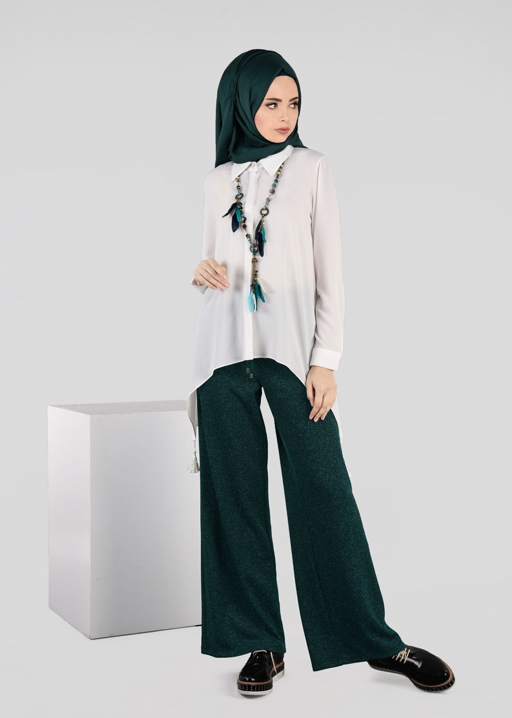 Tesettür giyim YEŞİL GENİŞ PAÇA PANTOLON 7061