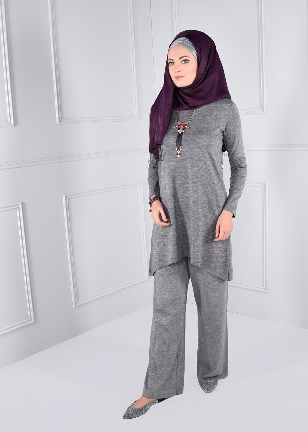 Tesettür giyim GRİ GENİŞ KESİM TRİKO PANTOLON 7220