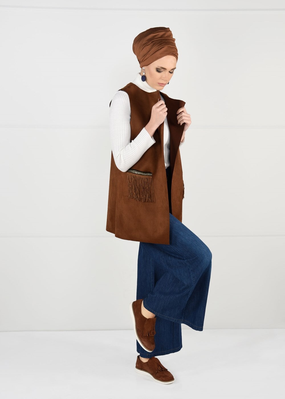 Tesettür giyim LACİVERT BOL KESİM KEMERLİ DENİM PANTOLON 8915 