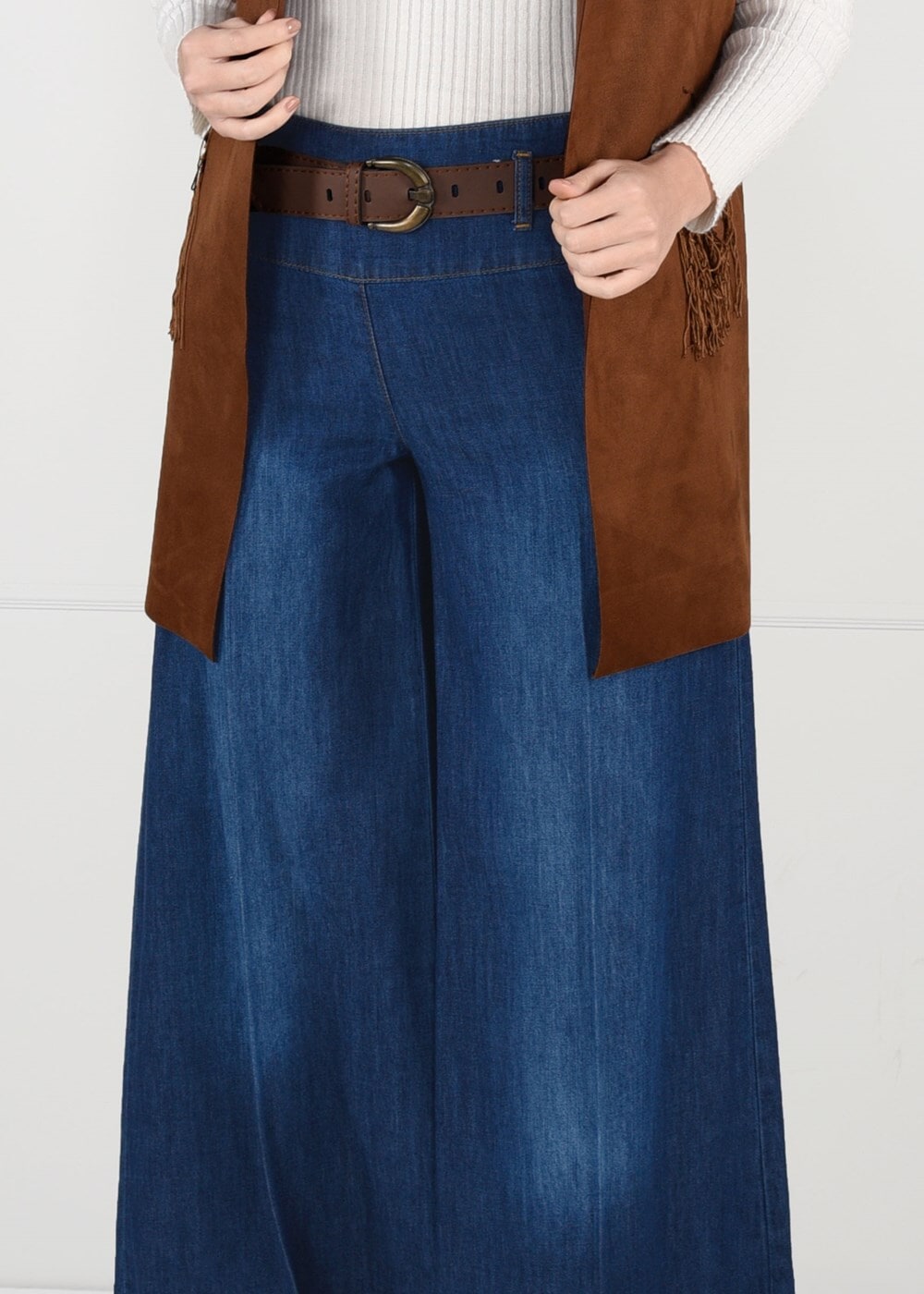 Tesettür giyim LACİVERT BOL KESİM KEMERLİ DENİM PANTOLON 8915 