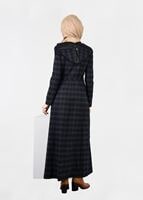 Tesettür giyim LACİVERT SUNİ DERİ BİYE DETAYLI KARELİ PARDESÜ 1880-2