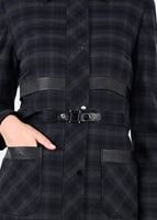 Tesettür giyim LACİVERT SUNİ DERİ BİYE DETAYLI KARELİ PARDESÜ 1880-2