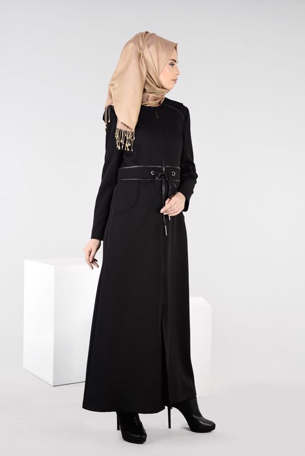 Tesettür giyim SİYAH BELİ BAĞCIKLI CEPLİ PARDESÜ 1923-1	 - TRENDTESETTÜR