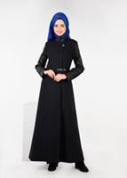 Tesettür giyim LACİVERT KOLLARI SUNİ DERİ ŞERİTLİ PÖTİKARE PARDESÜ 1874 