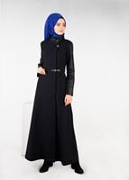 Tesettür giyim LACİVERT KOLLARI SUNİ DERİ ŞERİTLİ PÖTİKARE PARDESÜ 1874 