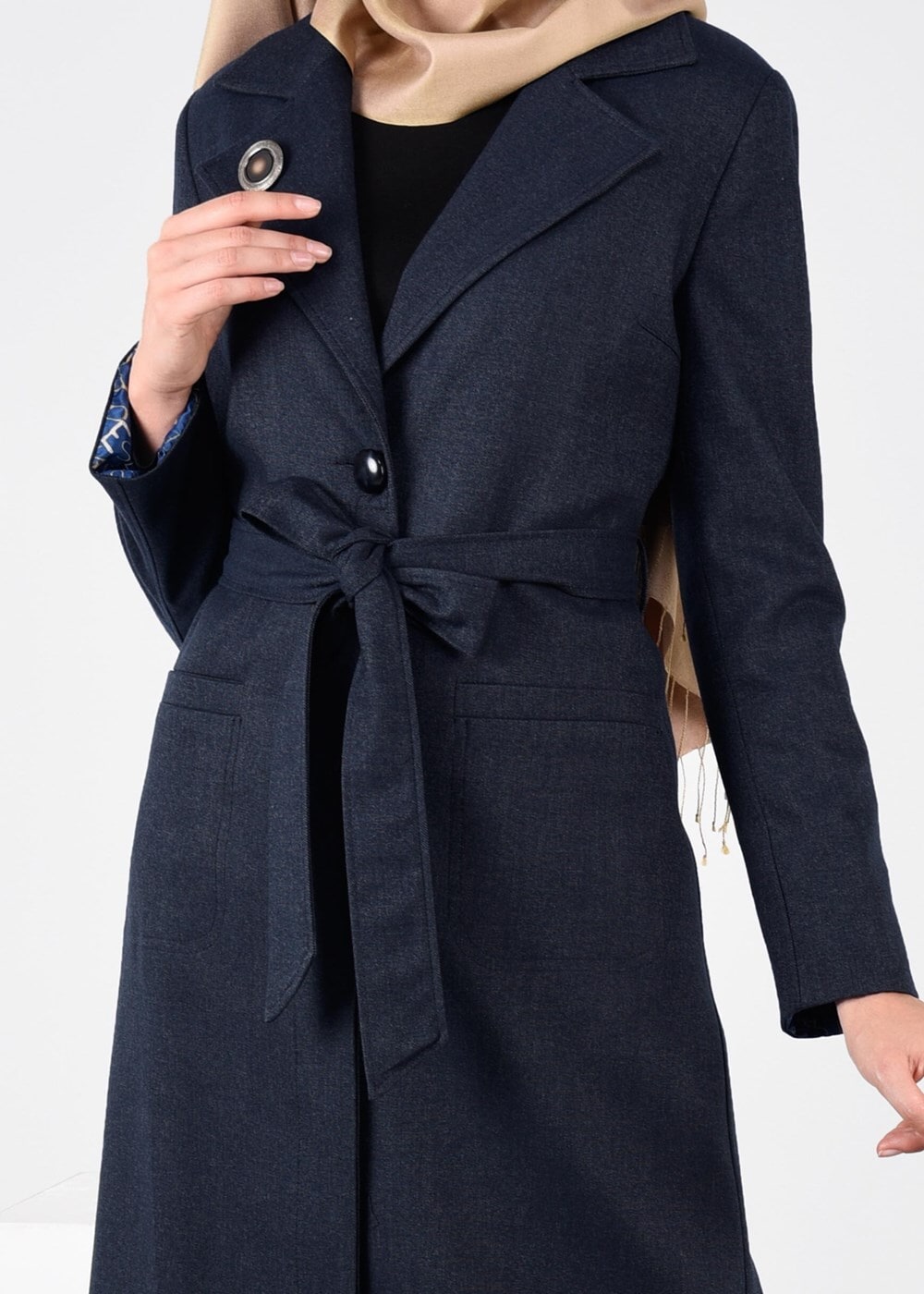 Tesettür giyim LACİVERT BROŞLU İNCE KAŞE PARDESÜ 1878	