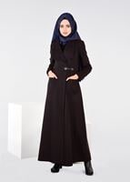 Tesettür giyim KAHVE KEMER DETAYLI KRUVAZE PARDESÜ 1885