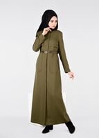 Tesettür giyim YEŞİL BELİ BÜZGÜLÜ KEMER DETAYLI PARDESÜ 1889