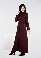 Tesettür giyim BORDO BELİ BÜZGÜLÜ KEMER DETAYLI PARDESÜ 1889