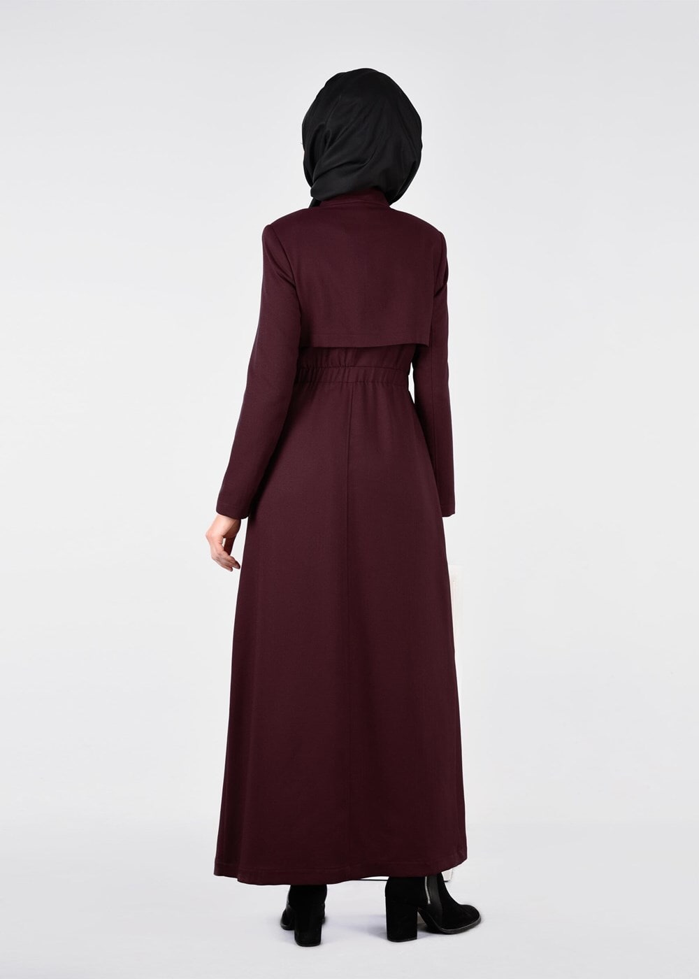 Tesettür giyim BORDO BELİ BÜZGÜLÜ KEMER DETAYLI PARDESÜ 1889