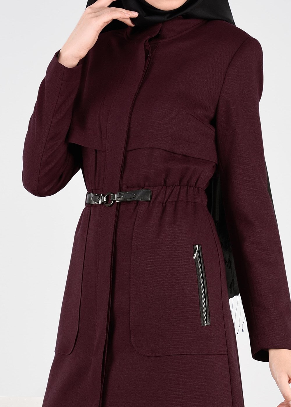 Tesettür giyim BORDO BELİ BÜZGÜLÜ KEMER DETAYLI PARDESÜ 1889