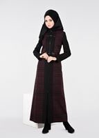Tesettür giyim SİYAH KEMER DETAYLI DESENLİ PARDESÜ 1922 