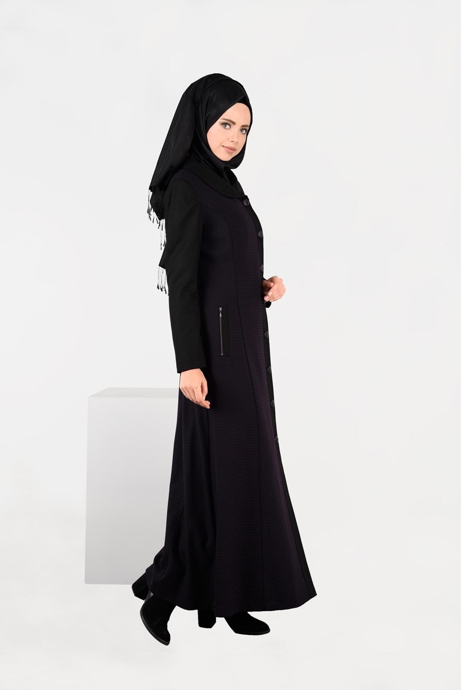 Tesettür giyim MÜRDÜM ÇİFT RENKLİ DÜĞMELİ PARDESÜ 1934