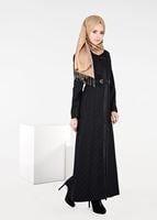 Tesettür giyim LACİVERT SUNİ DERİ BİYELİ DESENLİ PARDESÜ 1938