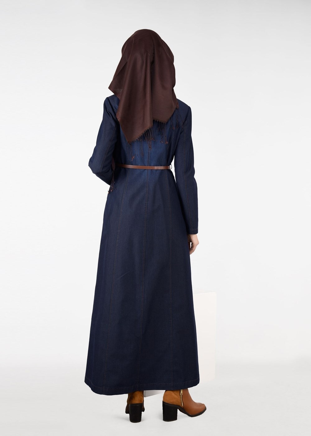 Tesettür giyim LACİVERT KEMERLİ DENİM PARDESÜ 1946