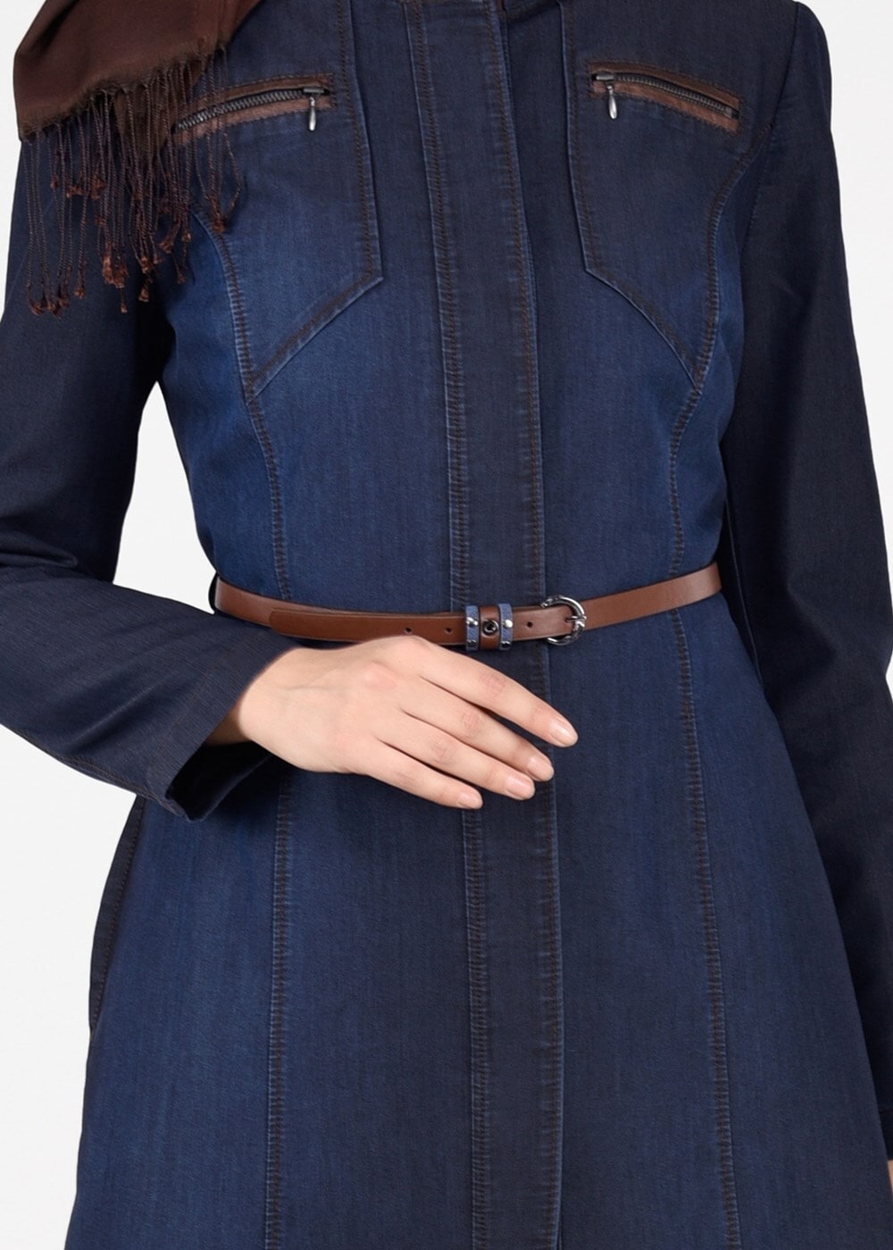 Tesettür giyim LACİVERT KEMERLİ DENİM PARDESÜ 1946