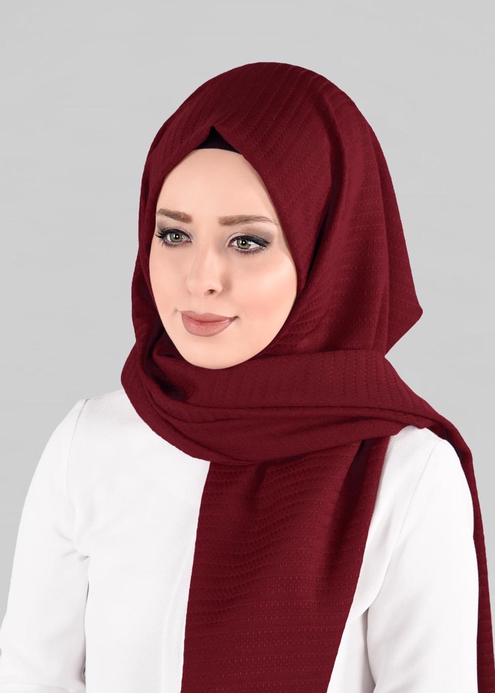 Tesettür giyim BORDO T 9879 ALVİNA KENDİNDEN DESENLİ ŞAL
