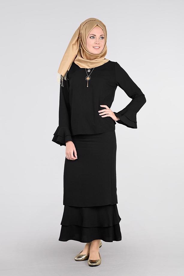 Tesettür giyim SİYAH VOLANLI 2Lİ ETEK TAKIM 53108 - TRENDTESETTÜR