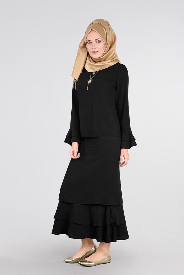 Tesettür giyim SİYAH VOLANLI 2Lİ ETEK TAKIM 53108 - TRENDTESETTÜR