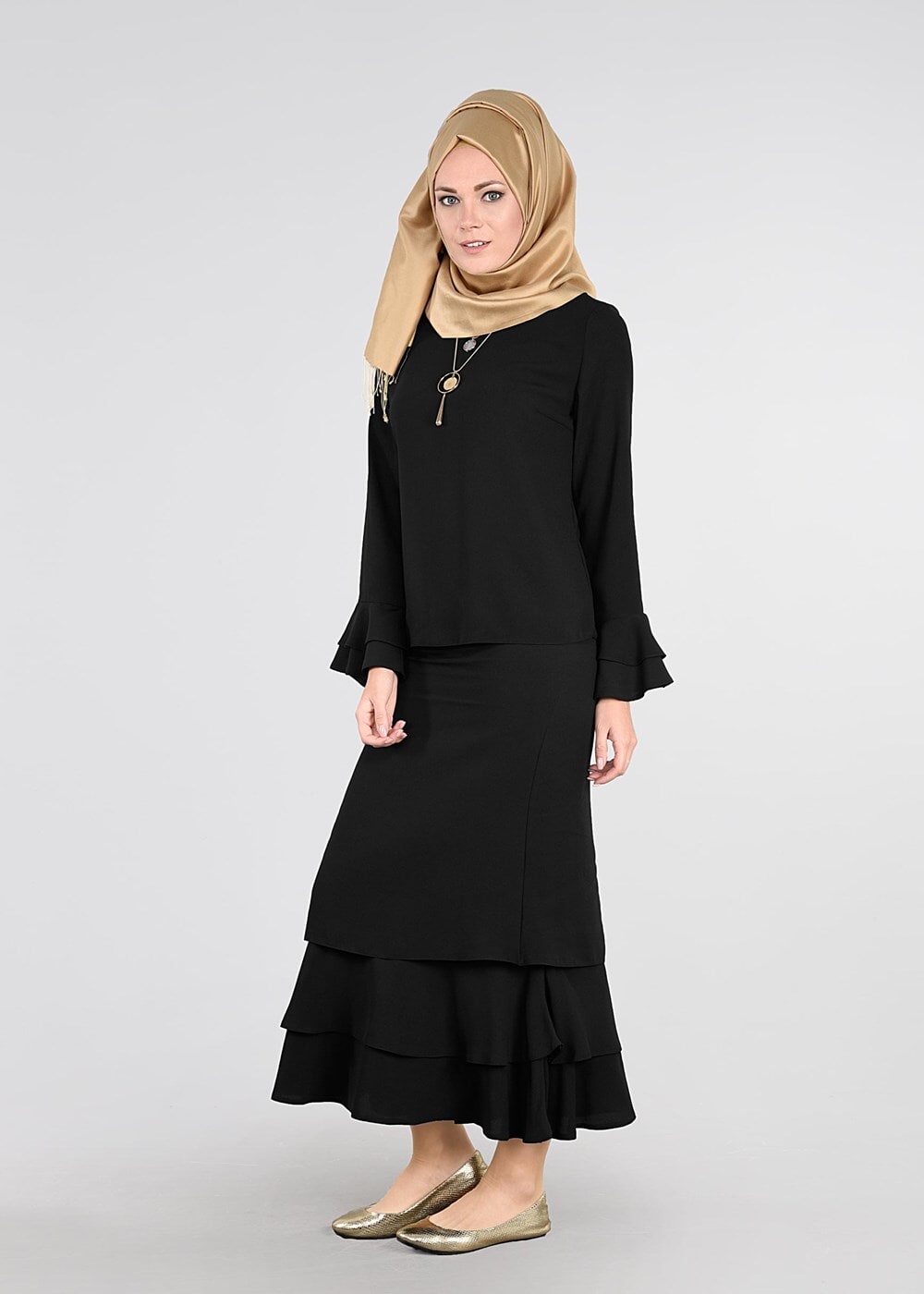 Tesettür giyim SİYAH VOLANLI 2Lİ ETEK TAKIM 53108