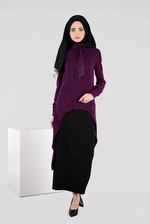 Tesettür giyim MÜRDÜM KENDİNDEN FULARLI 2′Lİ ETEKLİ TAKIM 3315E - TRENDTESETTÜR