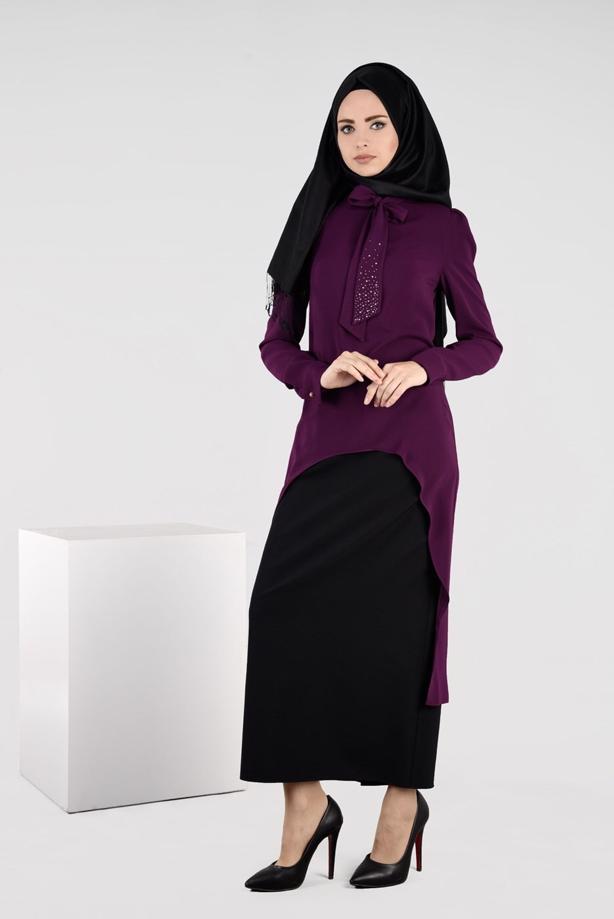 Tesettür giyim MÜRDÜM KENDİNDEN FULARLI 2′Lİ ETEKLİ TAKIM 3315E - TRENDTESETTÜR