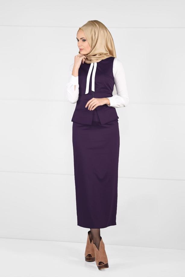 Tesettür giyim MOR DAR KESİM FERMUARLI 2Lİ ETEKLİ TAKIM 4759  - TRENDTESETTÜR
