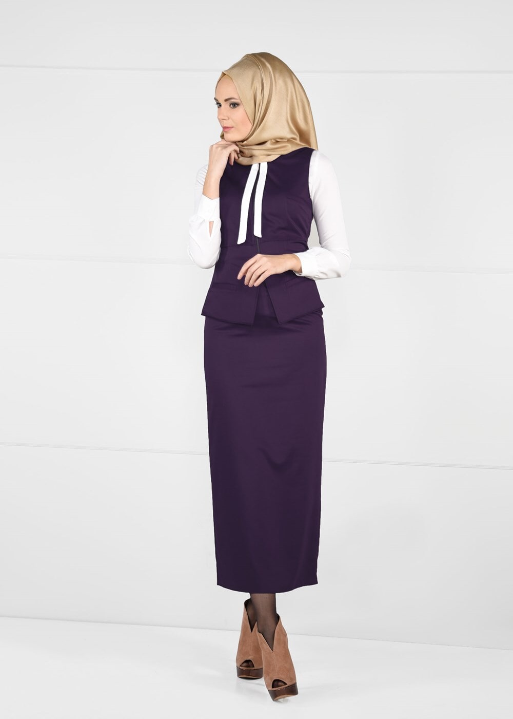 Tesettür giyim MOR DAR KESİM FERMUARLI 2Lİ ETEKLİ TAKIM 4759 