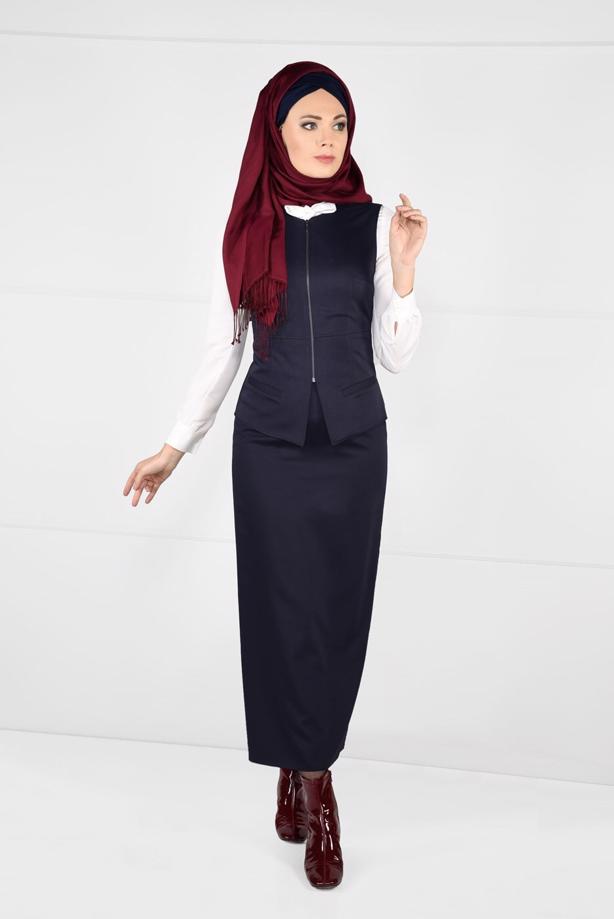 Tesettür giyim LACİVERT DAR KESİM FERMUARLI 2Lİ ETEKLİ TAKIM 4759  - TRENDTESETTÜR