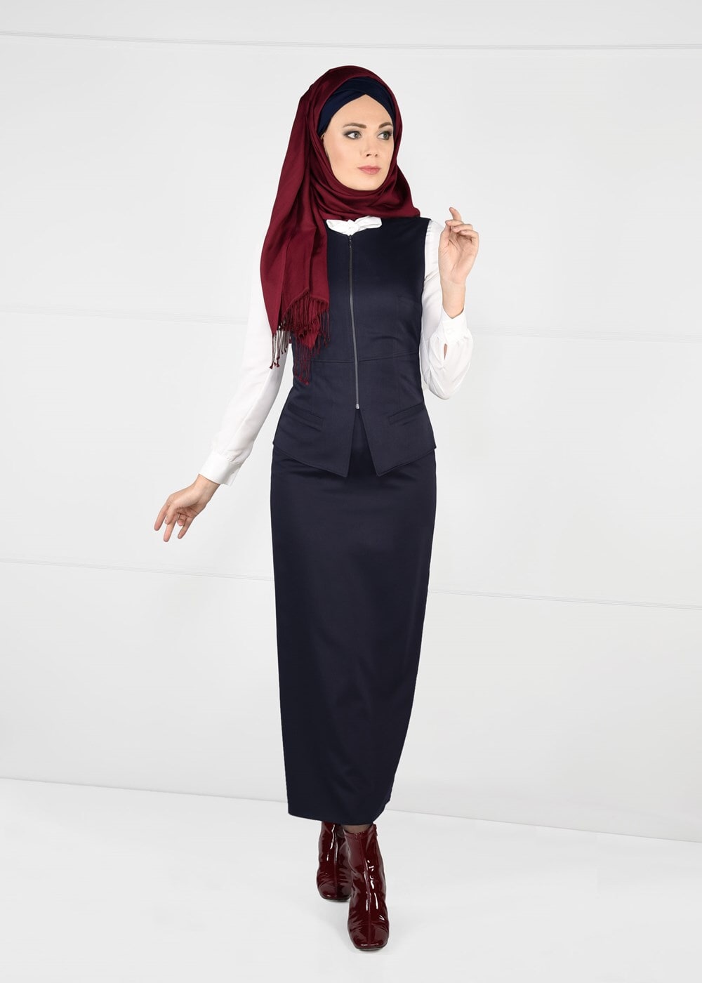 Tesettür giyim LACİVERT DAR KESİM FERMUARLI 2Lİ ETEKLİ TAKIM 4759 