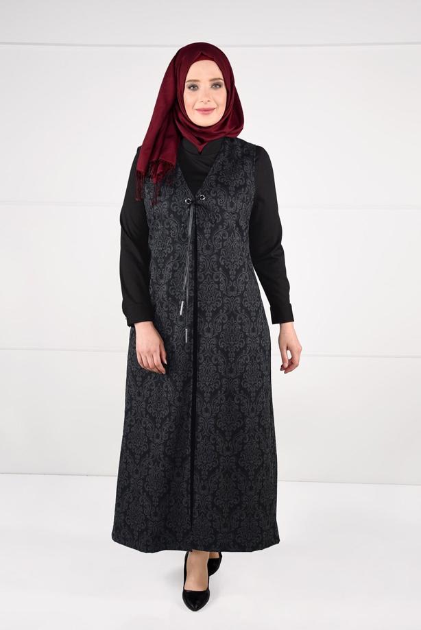 Hijab clothing GREY TIE-FRONT JAQUARD DRESS 3322  - TRENDTESETTÜR