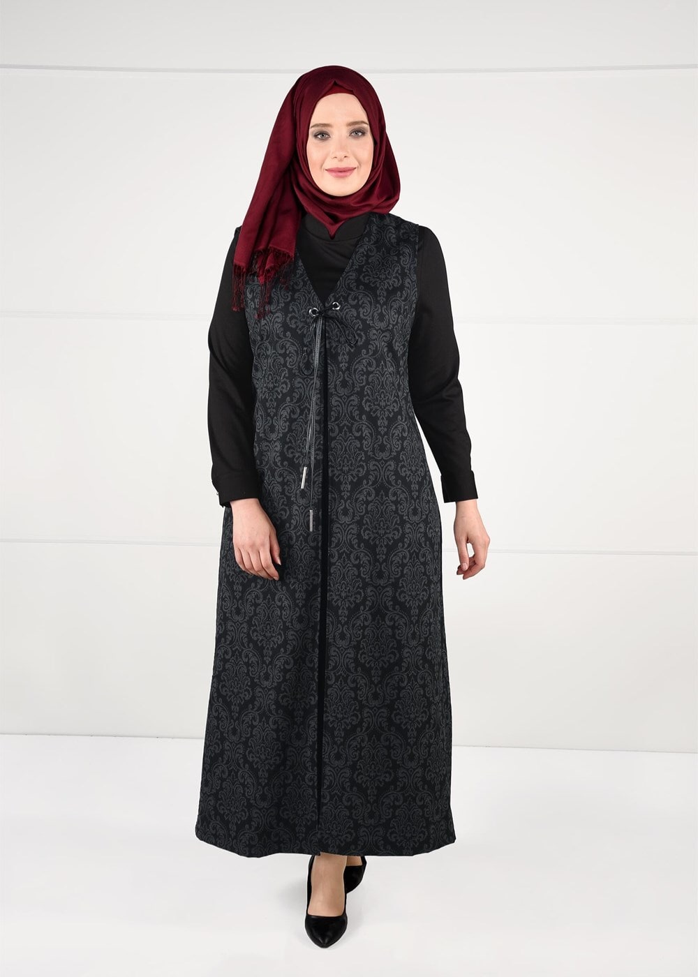 Tesettür giyim GRİ BAĞCIKLI JAKAR 2Lİ ELBİSELİ TAKIM 3322 