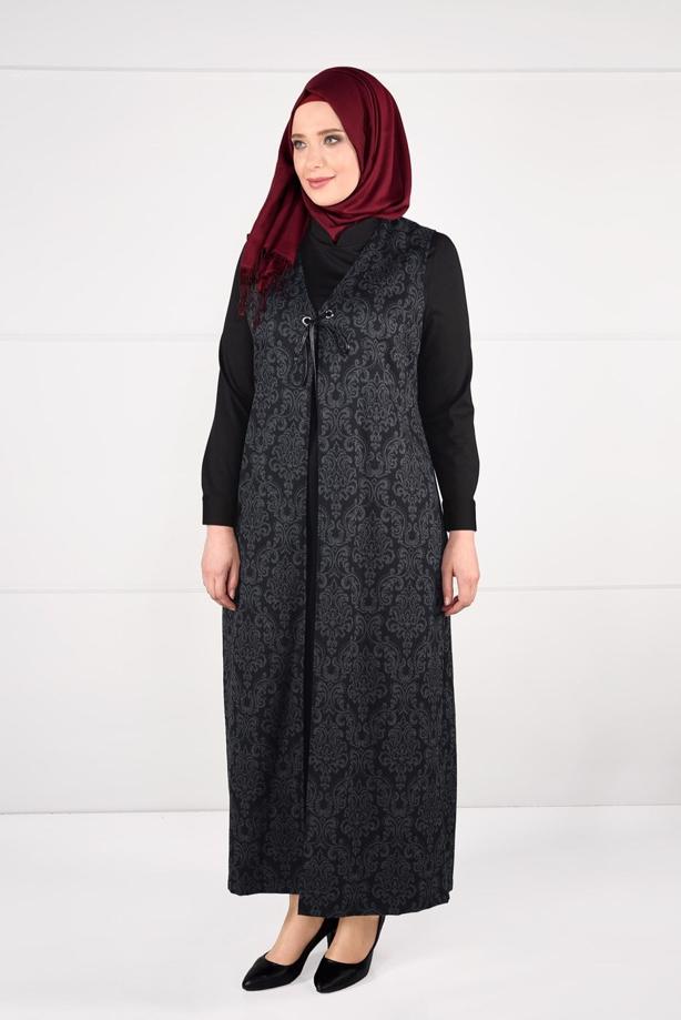 Tesettür giyim GRİ BAĞCIKLI JAKAR 2Lİ ELBİSELİ TAKIM 3322  - TRENDTESETTÜR