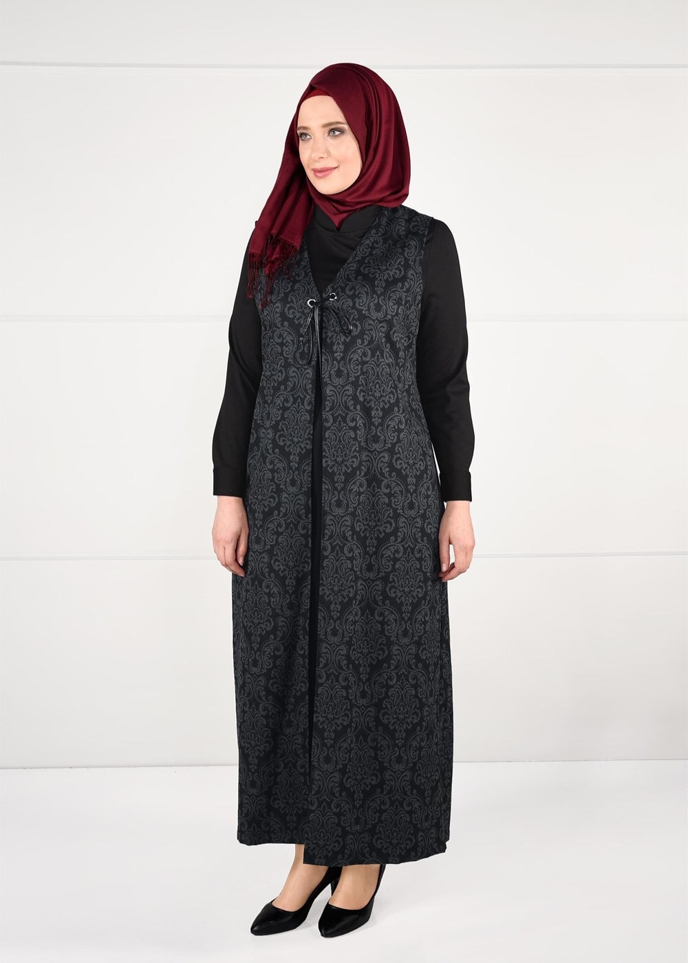 Hijab clothing GREY TIE-FRONT JAQUARD DRESS 3322 