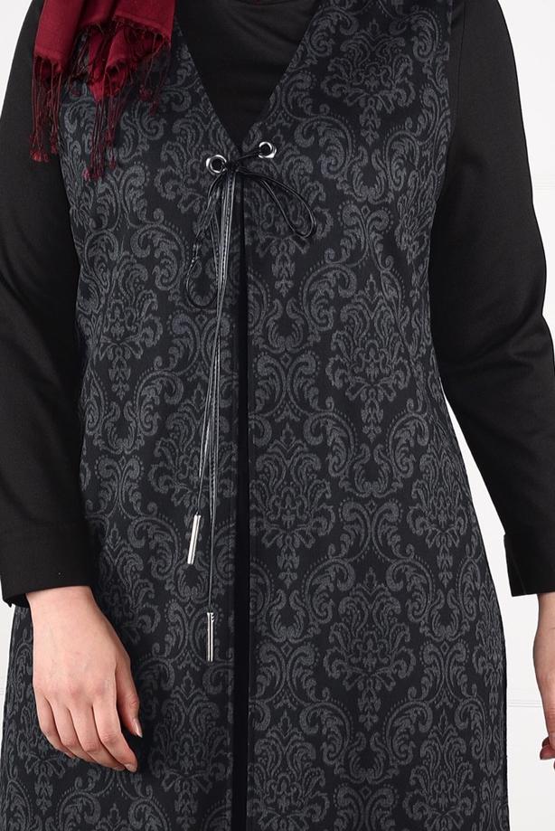 Tesettür giyim GRİ BAĞCIKLI JAKAR 2Lİ ELBİSELİ TAKIM 3322  - TRENDTESETTÜR