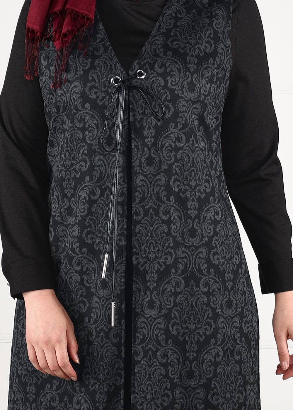 Hijab clothing GREY TIE-FRONT JAQUARD DRESS 3322 