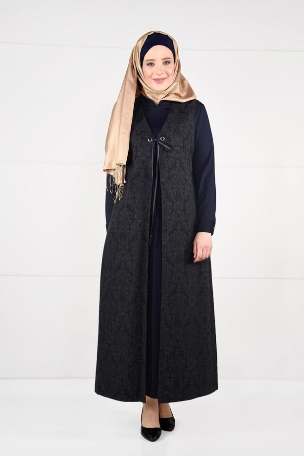 Tesettür giyim LACİVERT BAĞCIKLI JAKAR 2Lİ ELBİSELİ TAKIM 3322  - TRENDTESETTÜR