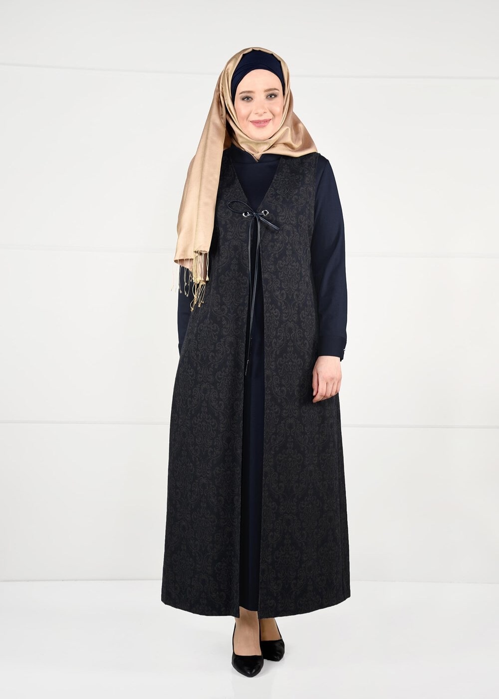 Tesettür giyim LACİVERT BAĞCIKLI JAKAR 2Lİ ELBİSELİ TAKIM 3322 