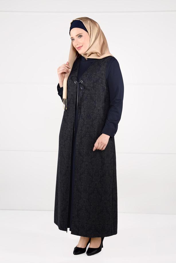 Hijab clothing NAVY BLUE TIE-FRONT JAQUARD DRESS 3322  - TRENDTESETTÜR