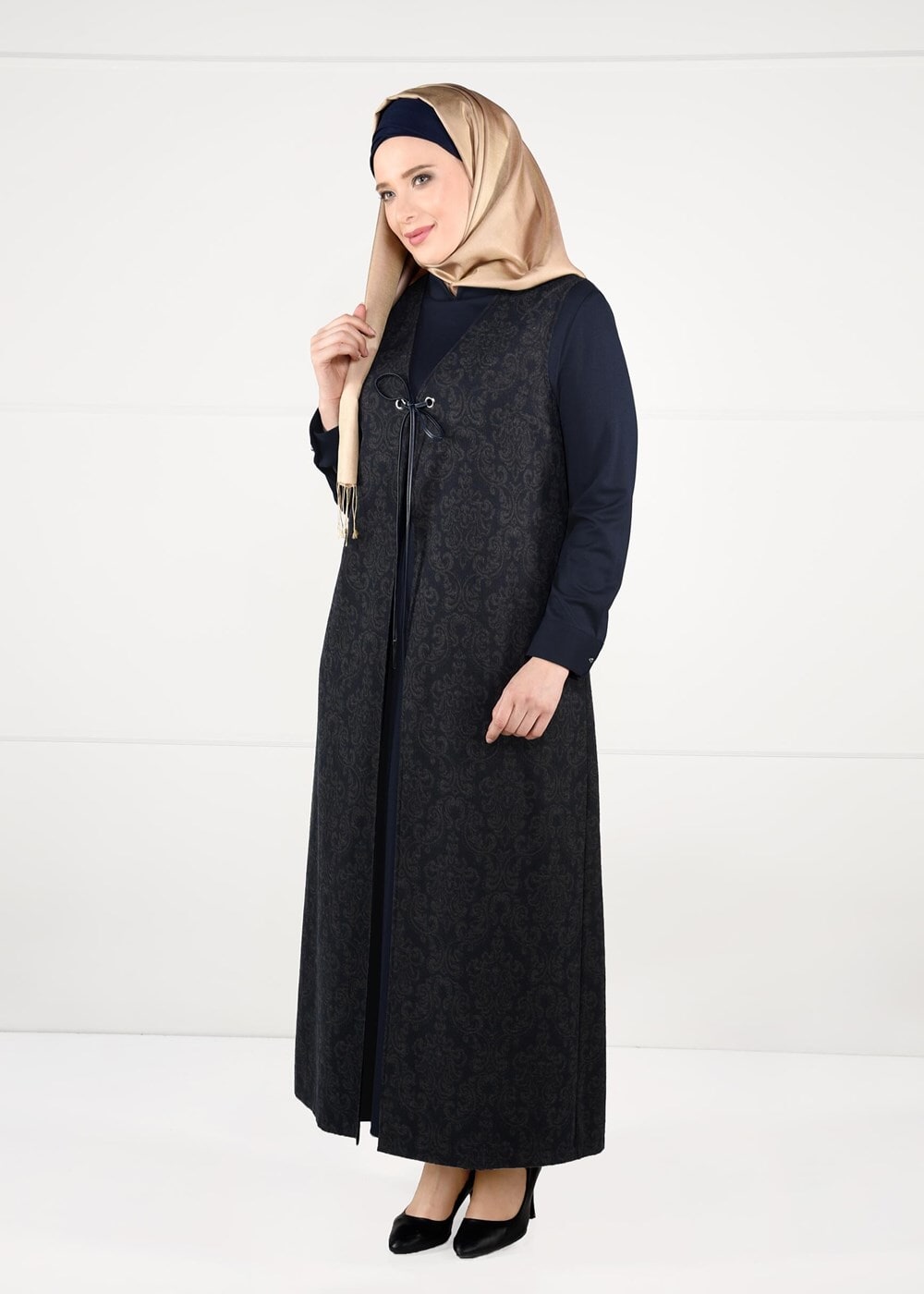 Tesettür giyim LACİVERT BAĞCIKLI JAKAR 2Lİ ELBİSELİ TAKIM 3322 