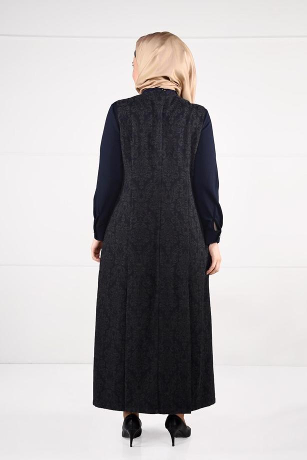 Hijab clothing NAVY BLUE TIE-FRONT JAQUARD DRESS 3322  - TRENDTESETTÜR