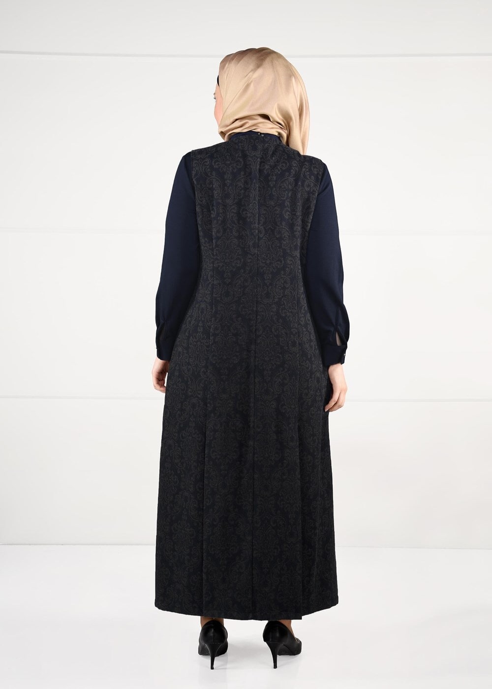 Tesettür giyim LACİVERT BAĞCIKLI JAKAR 2Lİ ELBİSELİ TAKIM 3322 