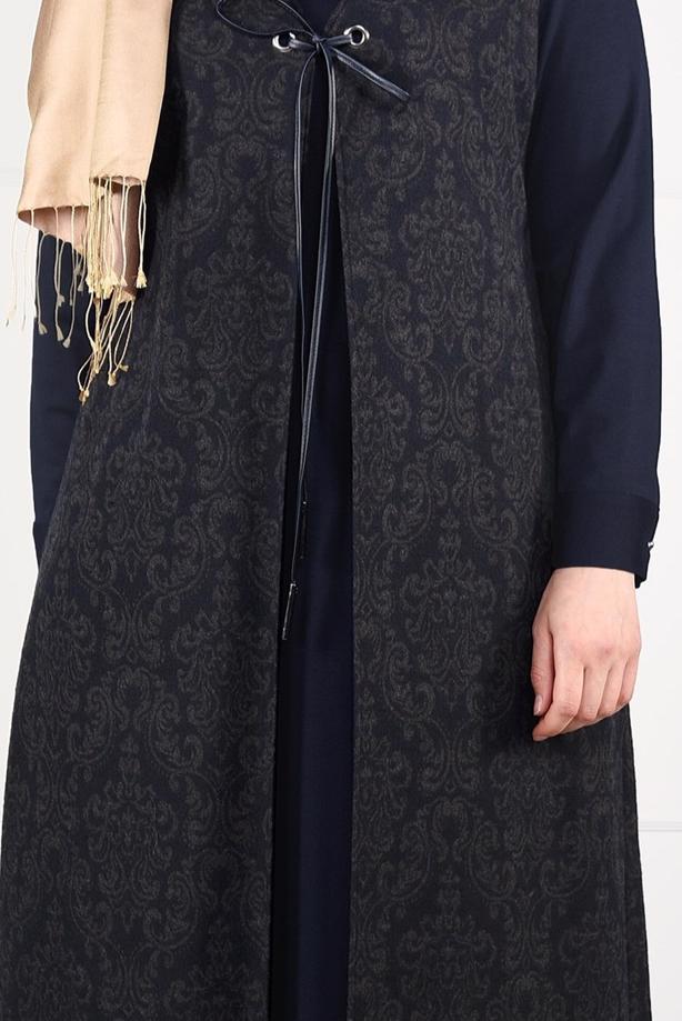 Hijab clothing NAVY BLUE TIE-FRONT JAQUARD DRESS 3322  - TRENDTESETTÜR