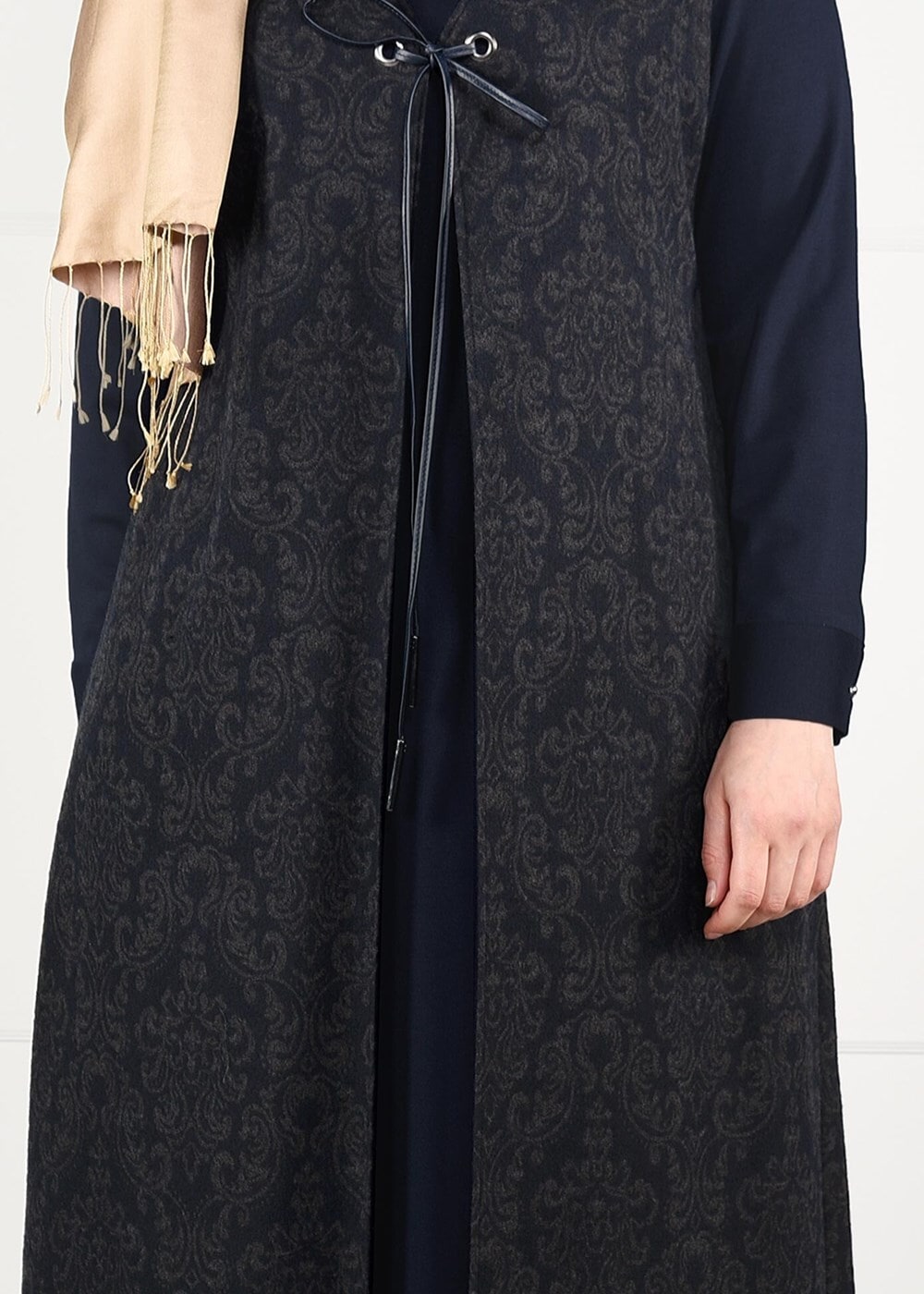 Tesettür giyim LACİVERT BAĞCIKLI JAKAR 2Lİ ELBİSELİ TAKIM 3322 