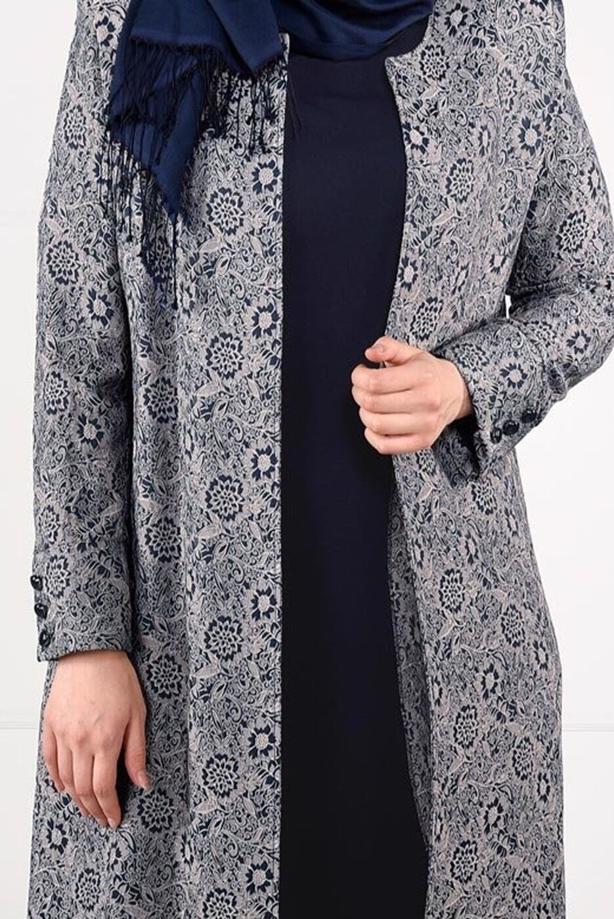 Tesettür giyim LACİVERT DESENLİ 2Lİ ELBİSELİ TAKIM 3331  - TRENDTESETTÜR