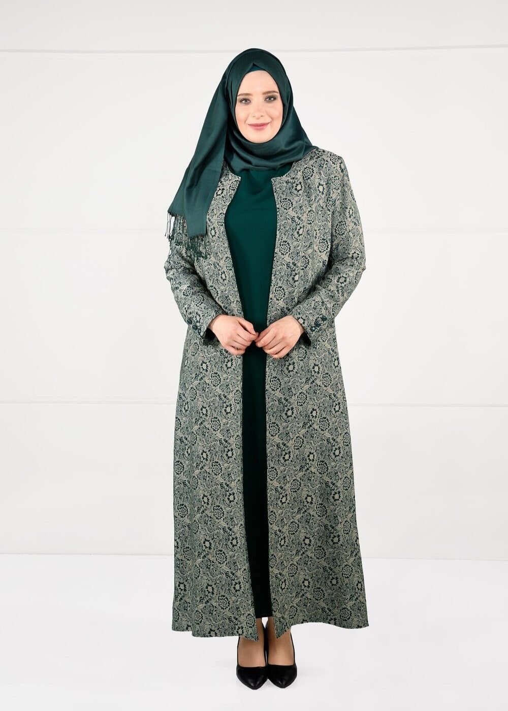Tesettür giyim YEŞİL DESENLİ 2Lİ ELBİSELİ TAKIM 3331 
