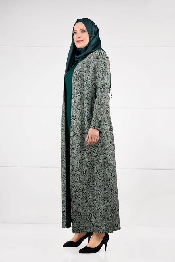 Tesettür giyim YEŞİL DESENLİ 2Lİ ELBİSELİ TAKIM 3331  - TRENDTESETTÜR