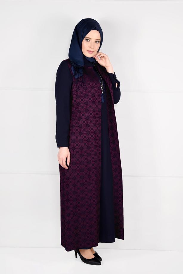 Tesettür giyim MÜRDÜM DESENLİ 2Lİ ELBİSELİ TAKIM 3332  - TRENDTESETTÜR