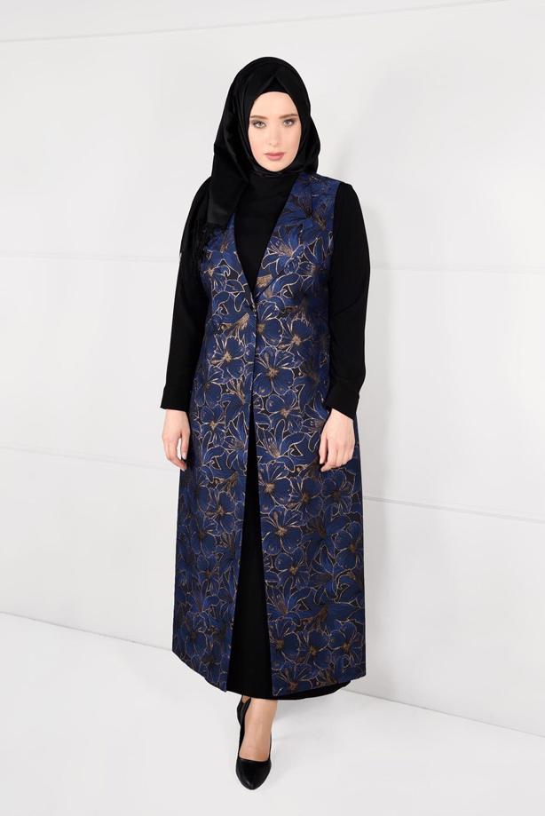 Hijab clothing NAVY BLUE FLORAL PATTERNED DRESS SUIT 3343 - TRENDTESETTÜR